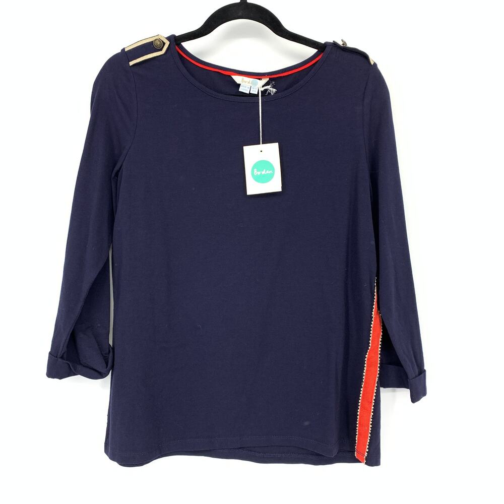 Boden 3/4 Sleeve Knit Top Womens Sz 8 Navy Blue Orange Side Stripes Epaulets NEW
